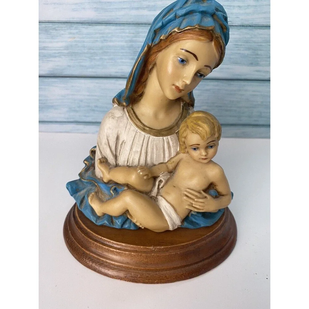 Vintage Madonna and Child Religious Hand Painted Figurine Italy - Wood Base